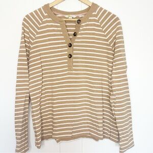 Boden Henley Breton Camel Ecru Striped Long Sleeve Shirt 14 XL casual heavy tan